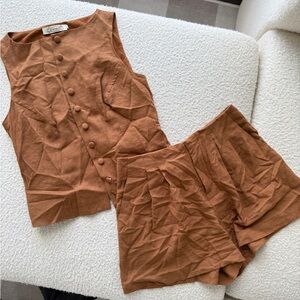 Women's Brown Sleeveless Button-Up Top and Shorts Set